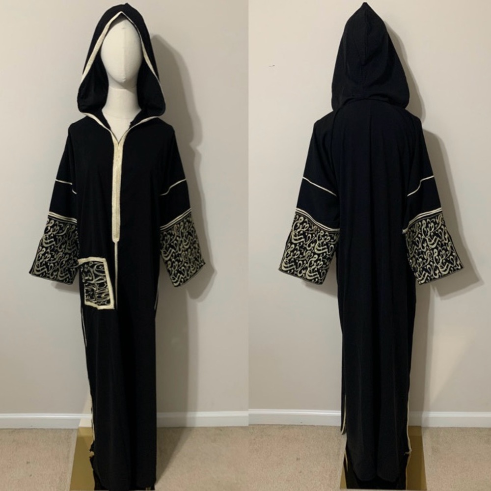 Black with Gold Arabic Design Moroccan Dress / Traditional Abaya
